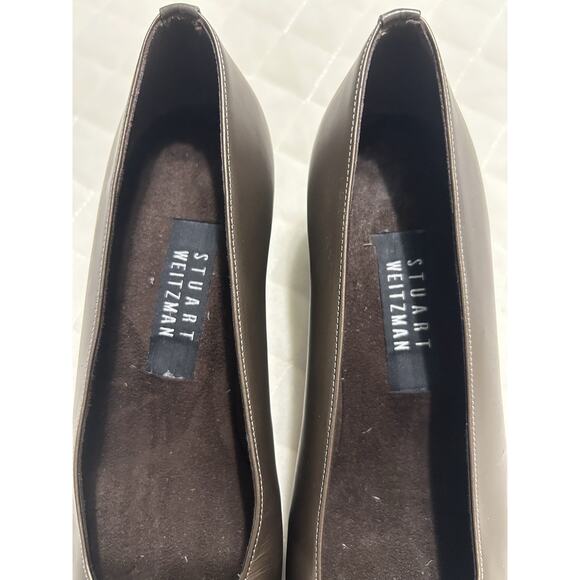 Stuart Weitzman Sz 8 B Bronze Leather Pumps Block Heels Square Toe Formal Shoes - Picture 6 of 13